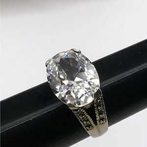 Vintage Retro East West Oval CZ & Marcasite Sterling Silver Ring Size 8